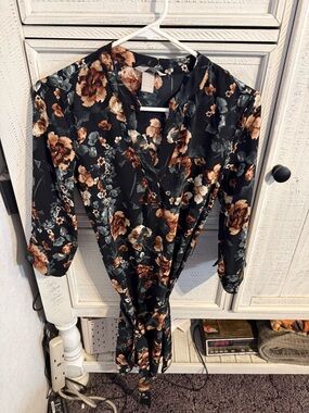 H&M Black Floral Long-Sleeve Wrap Dress with Tan Blooms